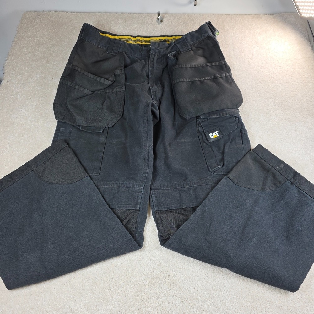 Caterpillar CAT Trademark Work Pants Mens 32x30 Black Utility Cargo Double Knee